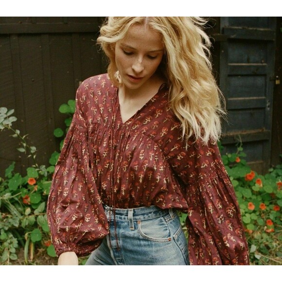 Doen Collection Petunia Happy Flower Block Print Blouse Top Peasant S New 275541 - Picture 3 of 10